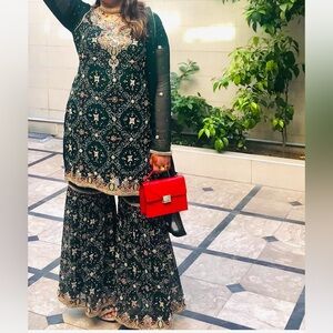 Pakistani Heavy Embroidered Dark Green 3 piece suit - OPEN TO ALL OFFERS